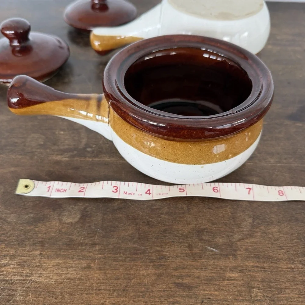 Vintage French Onion Soup Crocks Handled Bowls with Lids Brown Glazed Set‎ of 2